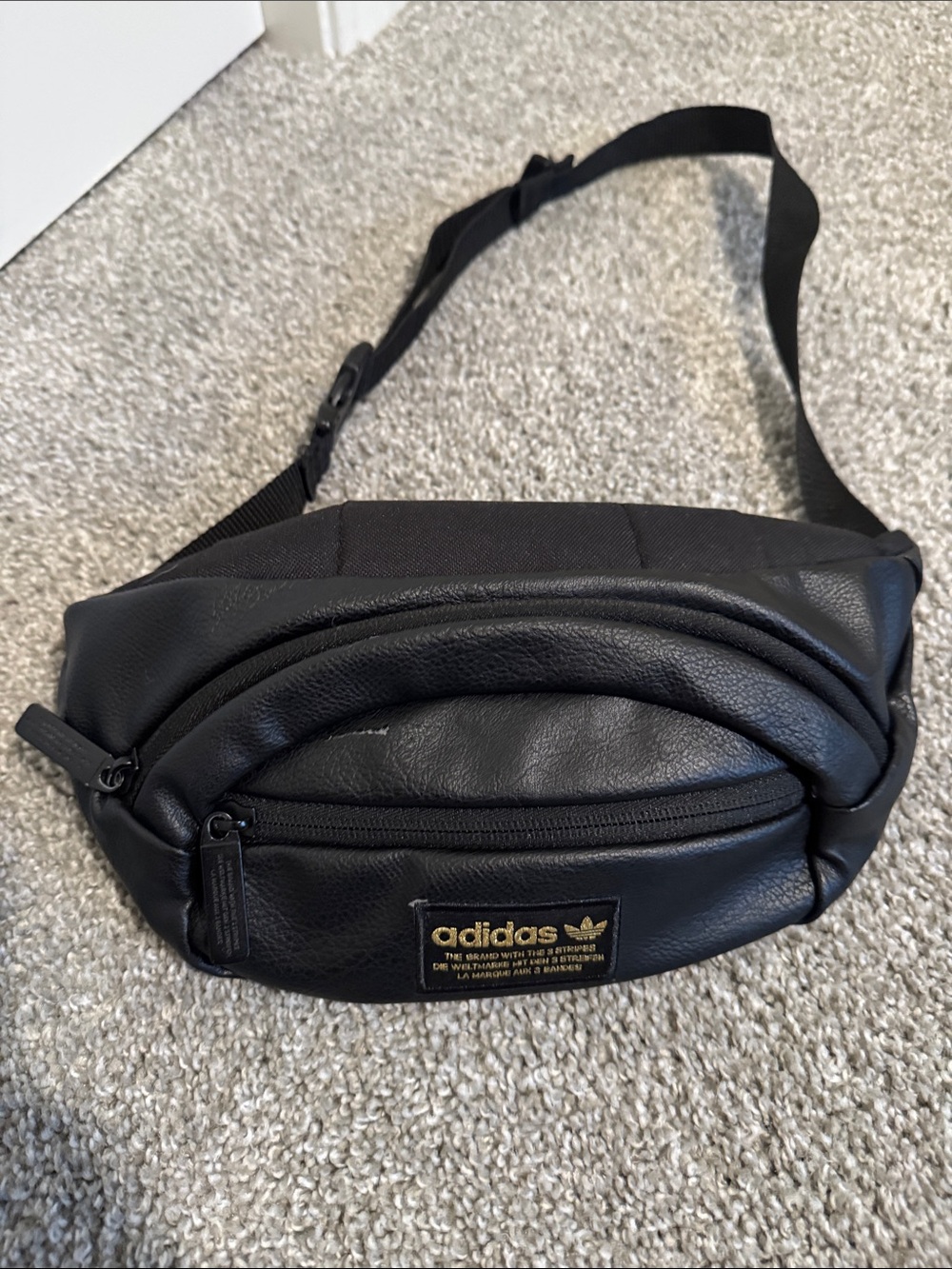 Adidas Black Faux-Leather Fanny Pack with Gold Logo